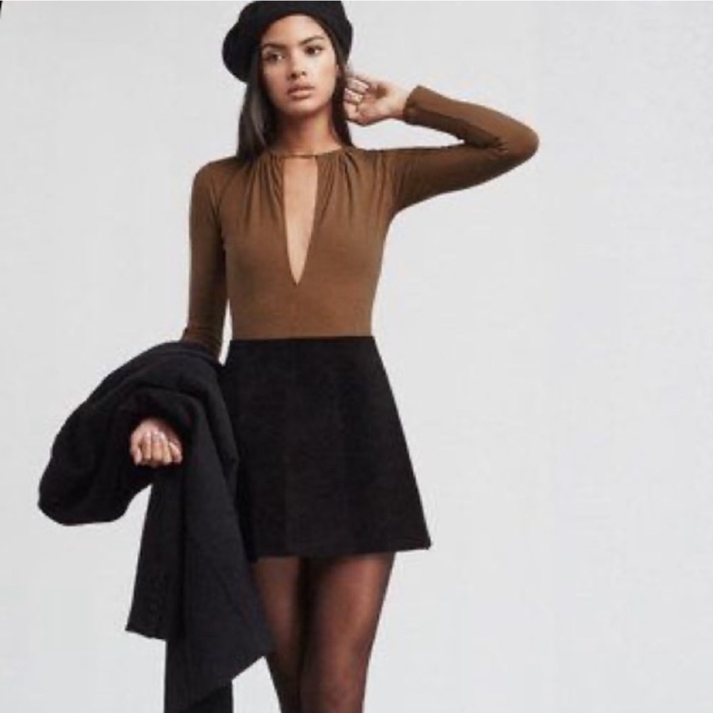 Reformation Brown Deep V Long Sleeve Bodysuit